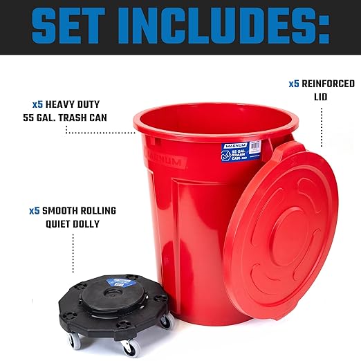 Magnum Red 55 Gallon Trash Can Set (Trash Can, Quiet Dolly, and Reinforced Lid), Construction Grade, Jobsite Ready, Non-Marking Wheels & Casters for Rolling Garbage CMTC-CLD0-55R05 (5 Set)