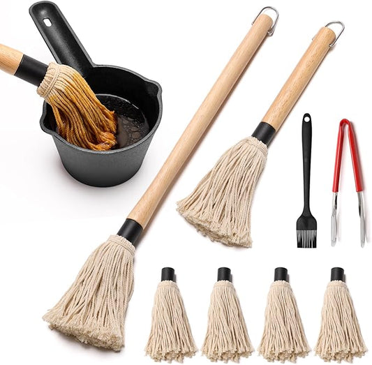 BBQ Mop Brushes for Sauce and Cast Iron Sauce Pot, 11Pcs Valuable Basting Brush Set for Grilling, BBQ Sauce Basting Mops Kit Multiple Replaceable Heads for BBQ Basting Mop