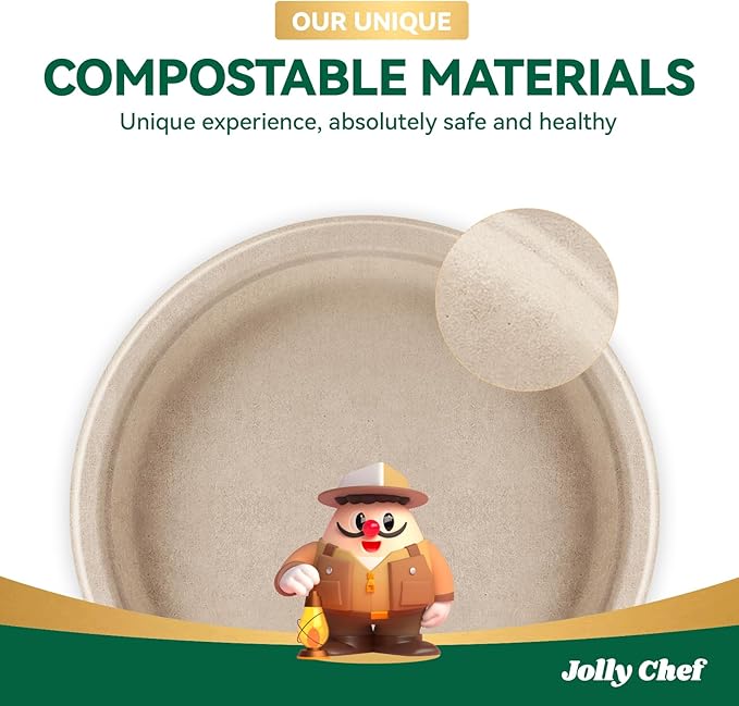 JOLLY CHEF Compostable Heavy Duty Plates 𝟳 𝗶𝗻𝗰𝗵 𝗮𝗻𝗱 𝟵 𝗶𝗻𝗰𝗵 [𝟭𝟮𝟬 𝗣𝗮𝗰𝗸] Eco-Friendly Disposable Paper Plates Bagasse Biodegradable Sugarcane Fibers Round Bulk for Party Dinner(Brown)