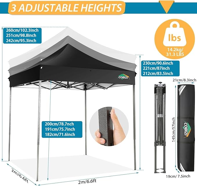 COBIZI 6.6x6.6 Pop Up Canopy Without Sidewall,Heavy Duty Canopy UPF 50+ All Season Wind Waterproof Commercial Outdoor Party Tents for Parties Canopy Gazebo with Storage Bag(6.6 x 6.6 ft Black)