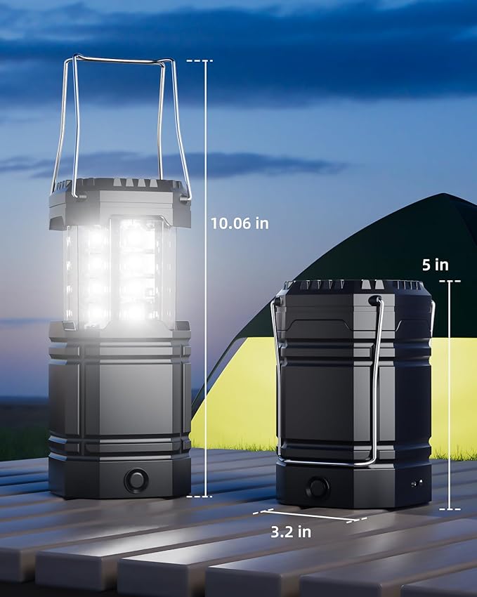 4 Pack Solar Camping Lantern with 1600mAh Rechargeable Battery, 30-Hour Runtime, 360° LED Tent Light & Super Bright Flashlight, Compact & Portable for Hiking, Emergency, Outdoor