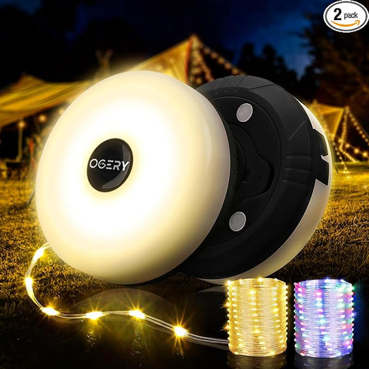 OGERY 2-Pack Camping String Lights, 4 in 1 Quick Storage 32.8FT Rechargeable Tent Lights String with 8 Lighting Modes, Hanging Waterproof Portable LED Lamp for Outdoor Patio Awning Party Essentials
