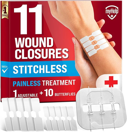 Emergency Wound Closure Strips - 11pk - 2 Types Easy to Use Butterfly Bandages - Stitchless & Painless Laceration Closure Kit