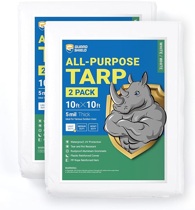 GUARD SHIELD Tarp White 10x10 Feet Multi Purpose Waterproof Poly Tarp Cover 5mil (2-Pack)