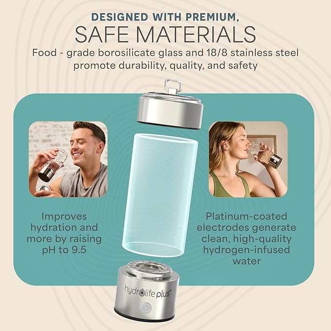 Lifepro HydroLife Plus Alkaline + Hydrogen Water Bottle Generator – SPE/PEM Technology with Water Ionizer Filter – Portable Rechargeable Glass Bottle for Daily Wellness – 420ml Capacity