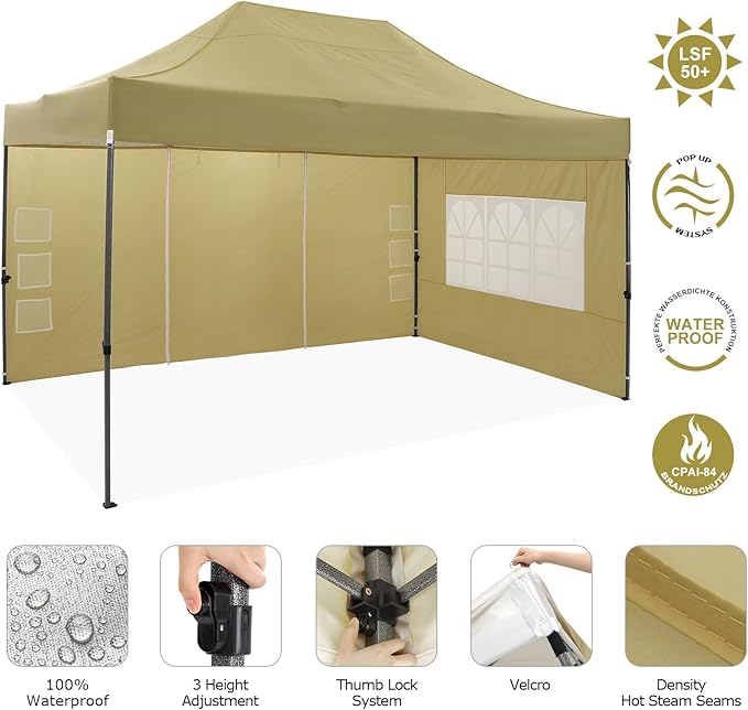 COBIZI 10x15 Pop Up Canopy with 4 Sidewall,Heavy Duty Canopy UPF 50+ All Season Wind Waterproof Commercial Outdoor Wedding Party Tents for Parties Gazebo with Carry Bag(10 x 15 ft Khaki)