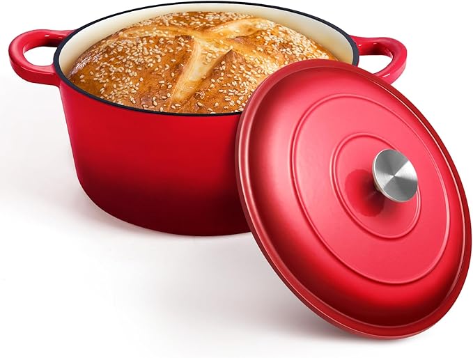 P&P CHEF 7QT Enameled Dutch Oven, Cast Iron Dutch Oven Pot with Lid for Bread Baking, Enameled Casserole Pot for Roasting Braising Stewing Frying Simmering, Various Stoves & Easy Clean, Red