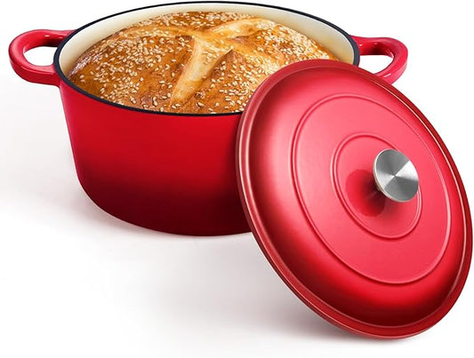 P&P CHEF 7QT Enameled Dutch Oven, Cast Iron Dutch Oven Pot with Lid for Bread Baking, Enameled Casserole Pot for Roasting Braising Stewing Frying Simmering, Various Stoves & Easy Clean, Red