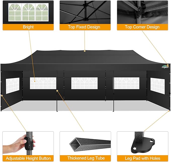 COBIZI 10x30 Pop up Canopy Tent 10x30 Canopy with 8 Sidewalls Waterproof Heavy Duty Commercial Tent for Parties Outdoor Garden Gazebo, Carry Bag with Wheel(10x30ft, Dark Black)