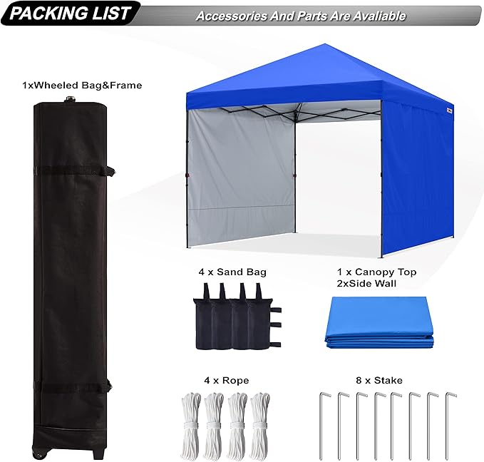 ABCCANOPY Easy Pop up Canopy Tent with 2 Sidewalls for Outdoor Sun Blocking or Rain Protection,10x10, Royal Blue
