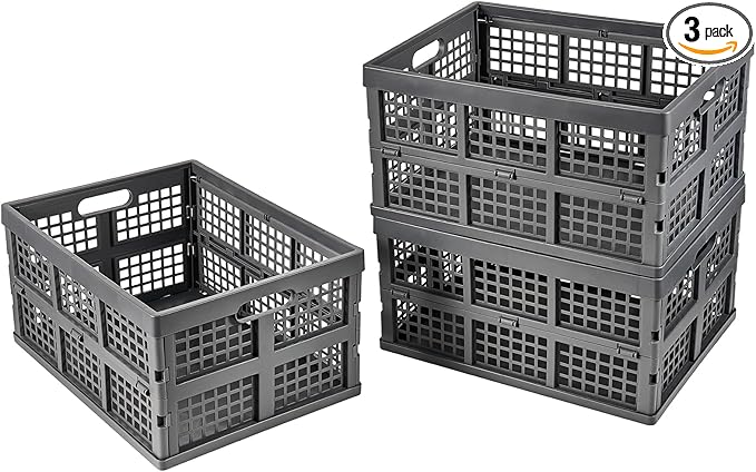 3-Pack Plastic Collapsible Storage Crates-30L,Foldable Plastic Crates for Storage (Gray)