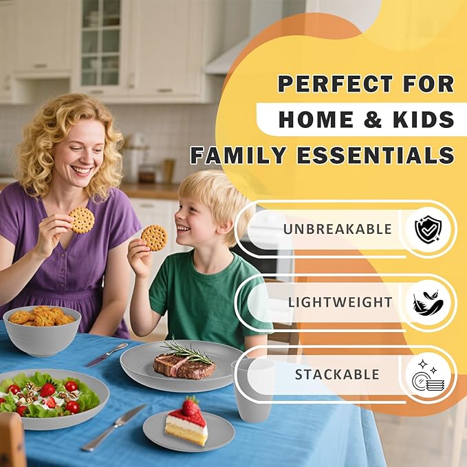 Wheat Straw Dinnerware Sets, Plates and Bowls Sets, 32 PCS Dinnerware Sets Service for 8, Unbreakable Reusable Plates Set, Outdoor Kitchen and Apartment Dinning Essentials - Gray