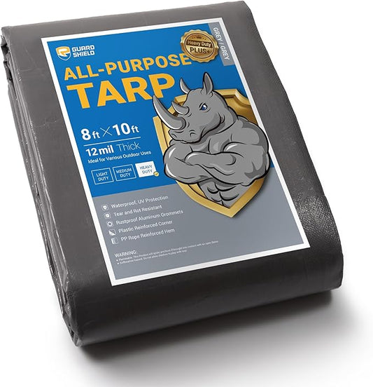 GUARD SHIELD Heavy Duty Tarp Waterproof 8x10 Feet Grey Large Outdoor Tarps Cover 12mil