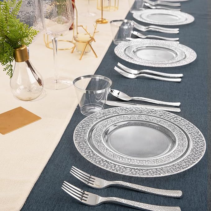Ciaell 150PCS Clear Silver Plastic Plates - Silver Disposable Plates include 25Dinner Plate, 25Dessert Plate, 25Forks, 25Knives, 25Spoons, 25Cups for Weddings & Parties