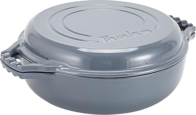2-in-1 Enameled Cast Iron Cocotte Double Braiser Pan with Grill Lid 3.3 Quarts - Barbecue Grill Non Stick Frying Pan - Casserole Cookware Wide Handle (Grey)