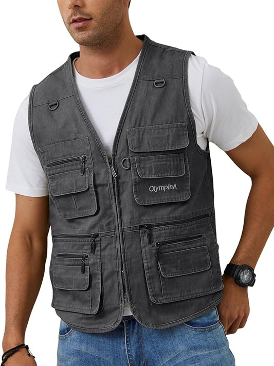 Gihuo Men's Fishing Vest Casual Utility Travel Safari Cargo Outdoor Work Photo Fly Vest Jacket with Multi Pockets
