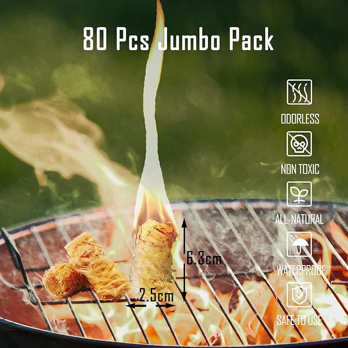 80 Pcs Fire Starters for Campfire, Fireplace, Grill, Fire Pit, Wood Stove, BBQ, Smoker - Easy & Quick Light Fire Fit Kamado Joe, Big Green Egg and Solo Stove