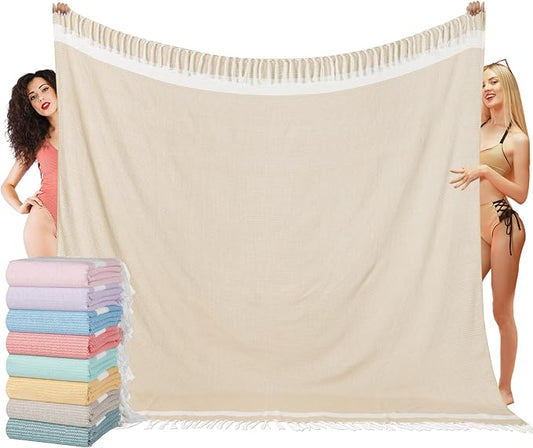 Oversized Turkish Beach Towel Blanket XXL Cotton Sandproof Towels Boho Woven Extra Large Big Sand Free Giant Throw Blankets Huge Quilt XL Picnic Camping Necessities Cloud For Adult Gifts Beige