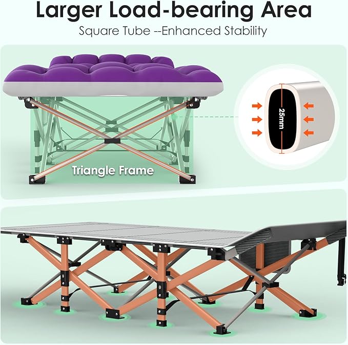 Suteck Camping Cot, Folding Camping Cot Bed for Adults Sleeping 1200D Double Layer Oxford Portable Folding Outdoor Cots for Camping W/Soft Pad Carry Bag for Home Office Nap Beach Travel, 500LBS,Purple