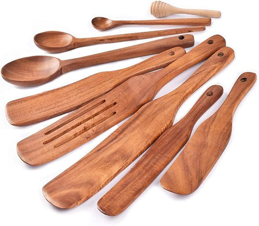 Spurtle Set,Wooden Spurtle Set of 9,Wooden Spoons for Cooking, Natural Teak Wooden Utensils for Cooking, Stirring, Mixing, Serving,Spurtles Kitchen Tools As Seen On Tv