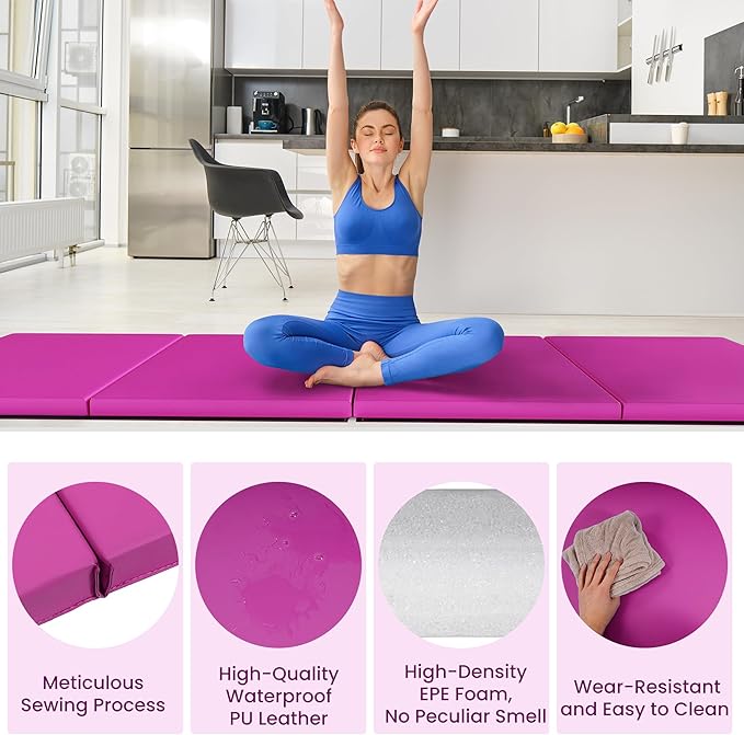 Folding Exercise Gymnastics Mat 10'x4'x2" Gym Workout Mat with Carrying Handles High-Density Anti-Tear Portable Fitness Aerobics Mats for Home Gym Yoga Pilates Tumbling MMA Core Training, Multiple Colors
