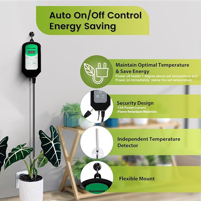 Greenhouse Heater with Thermostat, Auto Temperature Control Kit with Digital Display, Fast Heating, Overheat Protection, for Grow Tent, Greenhouse, Flower Room, Patio, Winter Plants