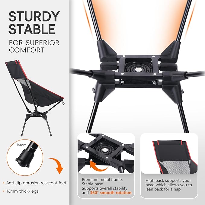 Swivel Camping Chair, High Back Folding Chair with Head Support, Side Cup Pocket, Stable Portable Outdoor Chair for Camp, Travel, Beach, Party, Fishing, Hiking, Backpacking, Black Red