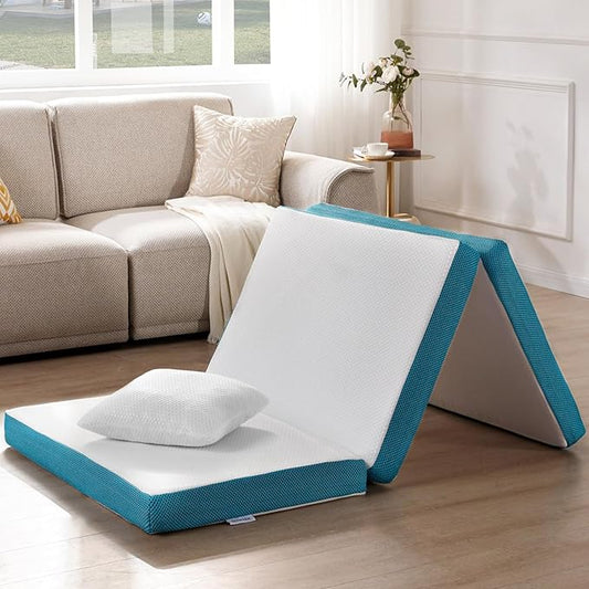 SINWEEK Memory Foam Folding Mattress, 4 Inch Foldable Trifold Mattress Topper, CertiPUR-US Certified Guest Bed with Cooling Cover & Waterproof Lining