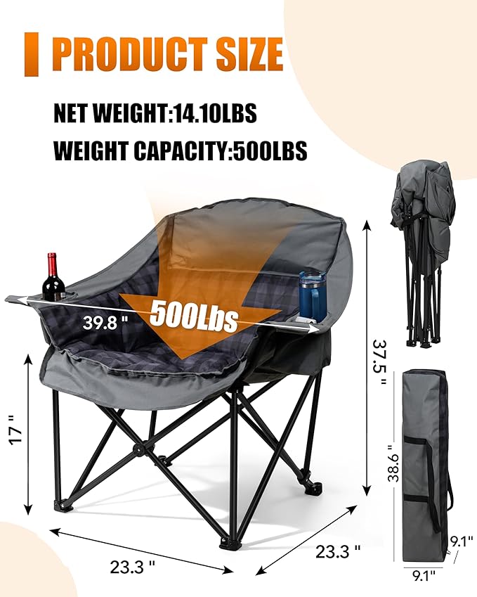 2 Pack Oversized XL Camping Chair for Adults, Heavy Duty Padded Folding Camp Chairs with Cup Holder, Supports 500lbs, Large Outdoor Widen Comfy Lawn Chairs for Tailgating Sports Beach Yard