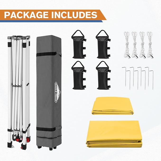 EAGLE PEAK Pop Up Canopy Tent with 1 Sidewall, Easy Setup Event Tent, Outdoor Sun Shade, Wheeled Carry Bag, Stakes and Guy Ropes, Instant Canopy 10x10, Yellow