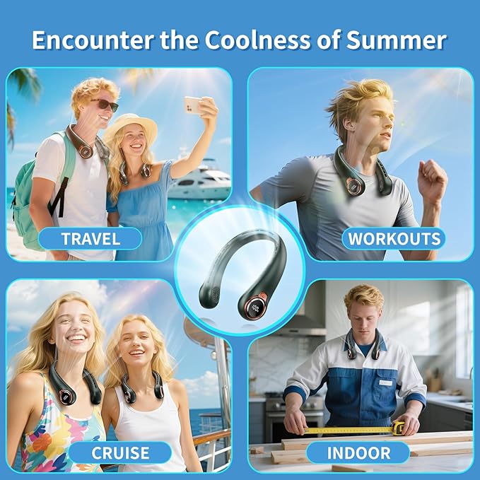 Portable Neck Fan with 6000mAh USB - Rechargeable Battery, 360° Cooling Wearable Fan, 3 Speeds, Ultra-Light Bladeless Neck Fan LED Display (Green)