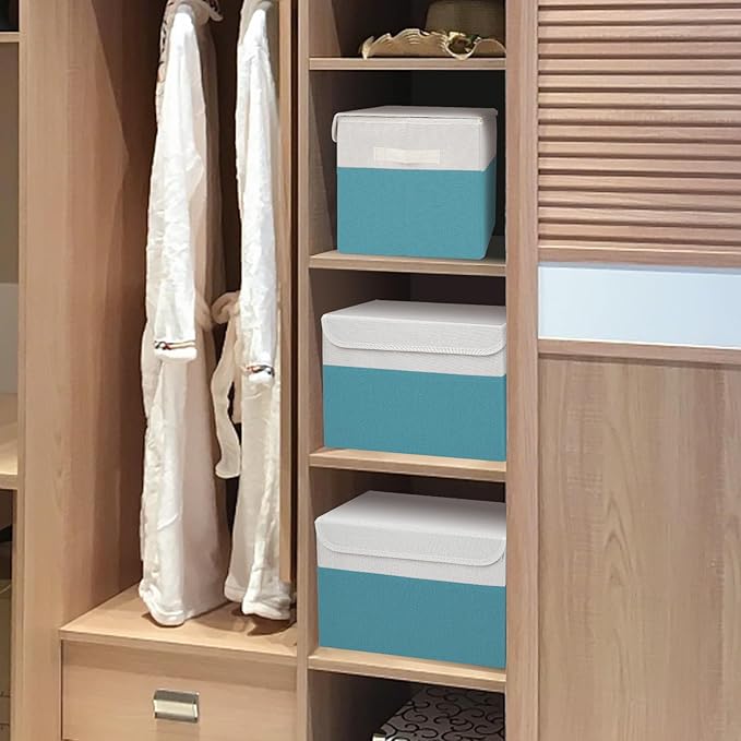 Large 17" 42 Quarts Collapsible Stackable Storage Bins with Lids [3-Pack] Foldable Fabric Linen Storage Boxes Cube, Closet Organizer Baskets with Label for Home (16.7 x 12 x 12", Teal & White)