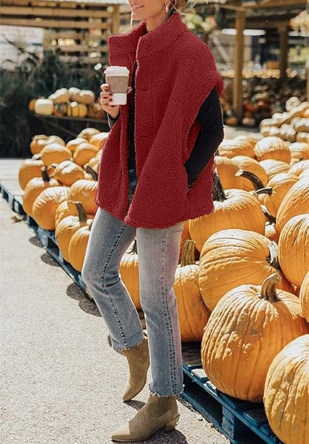 Hongqizo Womens Fuzzy Fleece Vest Casual Oversized Warm Button Down Sherpa Vest Jacket with Pockets