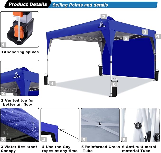MAOO 10x10 Pop Up Canopy Tent with Sidewall - UPF 50+ Waterproof Commercial Instant Gazebo - Easy Setup for Parties, Beach, Camping - Wheel Bag, 4 Sand Bags, 8 Stakes & 4 Ropes - Blue