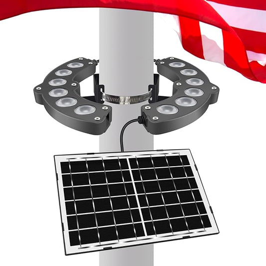 Flag Pole Lights Solar Powered 14W12000 mAh Solar FlagPole Light Up to 18-24 Hrs, IP67 Waterproof, Adjustable Clamp fits 2-6” Dia 15-40 Ft Outdoor Flagpoles Brightest, Auto Dusk to Dawn