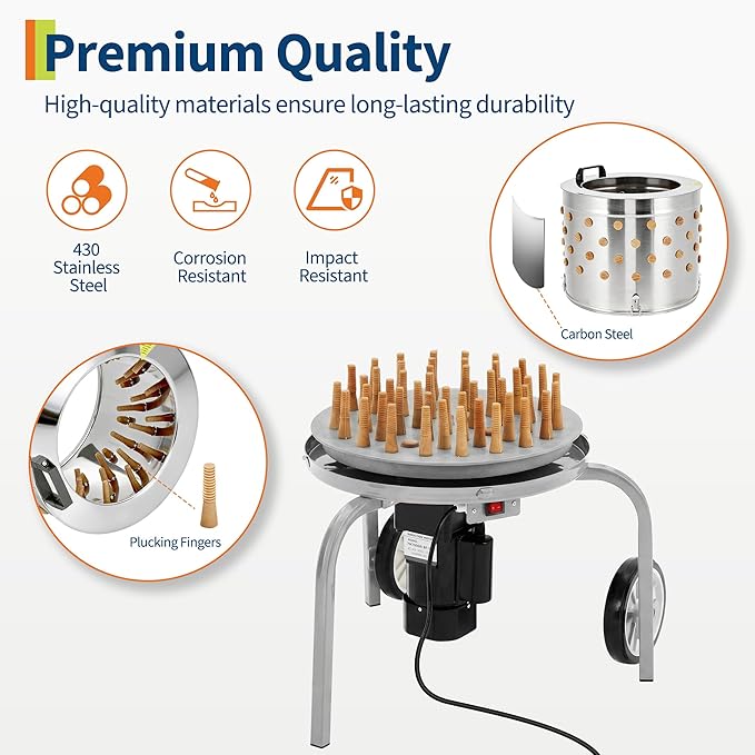 Chicken Plucker Machine, 20 inch Drum Stainless Steel Poultry Plucker, Defeathering Equipment with 108 Soft Fingers, Simple Debris Collection, for Farms, Restaurants, Home, Poultry Plucking, Silver