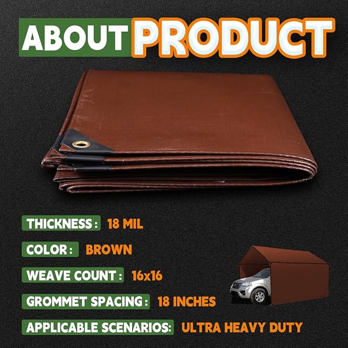 RAINDEWAY 24x36 Feet Super Heavy Duty 18 Mil Brown Poly Tarp Cover, UV Resistant, Weatherproof, Multipurpose Waterproof Poly Tarp with Grommets and Reinforced Edges