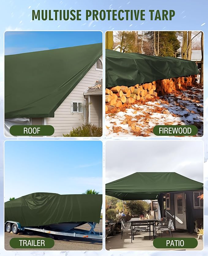 HIRALIY 20 Mil Heavy Duty Waterproof Tarp, 10.5x20ft Green Tarpaulin with Reinforced Webbing Loops, Multipurpose Oxford Canvas Tarp for Firewood, Roof, Camping, Pool