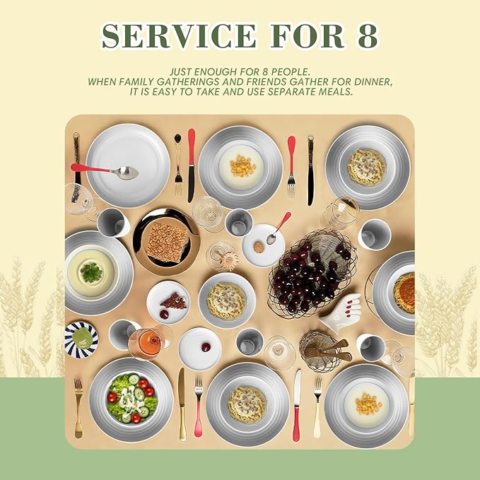 32-piece Kitchen Alternative Plastic Wheat Straw Dinnerware Sets,Unbreakbale Dishwasher Safe Kitchen Bowls and Plates Sets with Cups,Modern Apartment Essential Dishes Set for 8.White Series