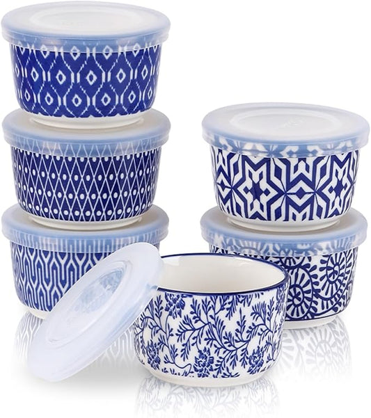 Selamica Ramekins with Lids 4 oz Oven Safe, Creme Brulee Ramekins Souffle Dishes with Covers, Stackable Ceramic Mini Ramekin Bowls Set for Dipping, Custard, Pudding, Baking, Set of 6, Vintage Blue