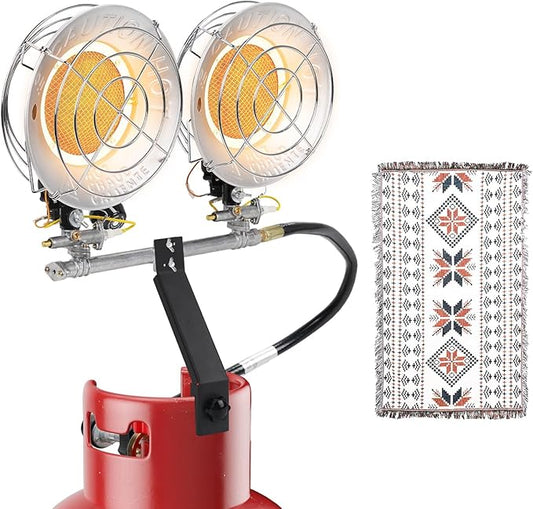 Double Propane Tank Top Heaters, Outdoor Heater Dual Burners with Adjustable Heat Settings & Tip-over Switch, Heater for Outdoor, Camping, Fishing, Hunting 3 Modes with warm Blanket (Large)