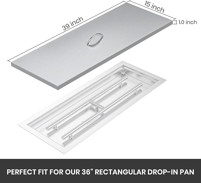 Stanbroil Fire Pit Burner Pan Cover 39" x 15", Fits 36 x12 Inches Rectangular Drop-in Burner Pan, Stainless Steel