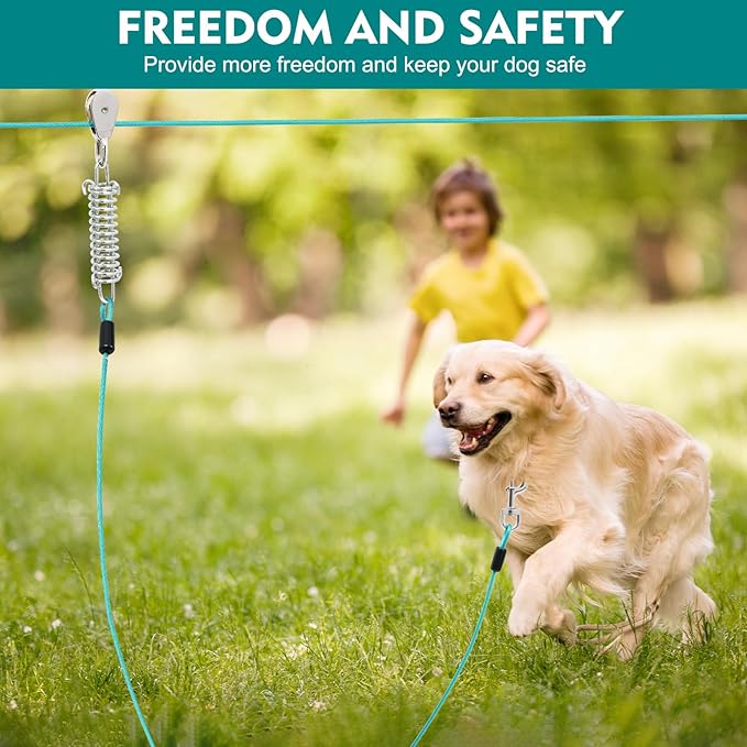 200FT Dog Runner for Yard with 10FT Tie Out Cable - Heavy Duty Trolley System for Large Dogs Up to 250LBS, Backyard/Park/Camping Use (Ice Blue, 200FT+10FT)