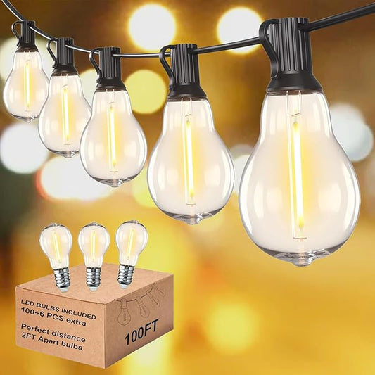 Outdoor String Lights 100FT Waterproof LED Outdoor Lights for Patio with 53 Shatterproof LED Bulbs (3 Spare),Outside Hanging Light for Party, Bistro, Gazebo, Backyard, Garden,Black Cord