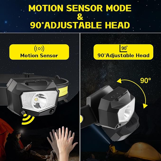 Headlamp Rechargeable 3Pack, 230°Wide Beam COB & 60° Super Birght LED Head Lamp with White Red Light, 7Mode Head Lights for Forehead with Motion Sensor, Headlamps for Adults Camping Running Hiking