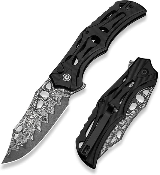 CIVIVI Biophase Pocket Folding Knife for Men, 3.48" Damascus Blade Aluminum Handle, Lightweight Skeletonized Flipper Knife for Tactical Survival C23083-DS1 (Black)