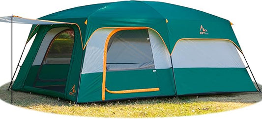 KTT Extra Large Tent 6-10-12-14 Person(A),Family Cabin Tents,2 Rooms,3 Doors and 3 Windows with Mesh,Straight Wall,Waterproof,Double Layer,Big Tent for Outdoor,Picnic,Camping,Family Gathering