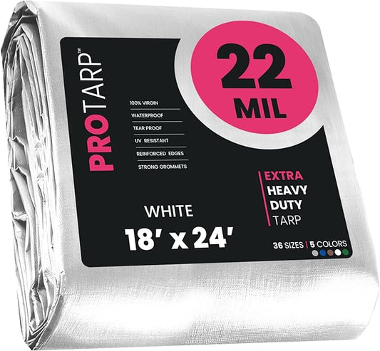 PROTARP Extreme Heavy Duty 22 Mil Tarp Cover, Waterproof, UV Resistant, Rip and Tear Proof, Poly Tarpaulin with Reinforced Edges for Roof, Camping, Patio, Pool, Boat. (White 18′ X 24′)
