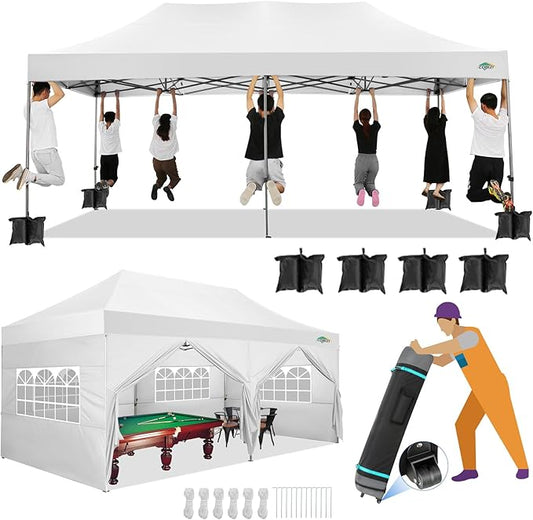 COBIZI 10x20 Canopy with Sidewalls, Heavy duty Party Tent Pop up carpas para fiestas, Tents for Parties, wedding, Outdoor Ez up Foldable Portable Canopy Tent with Wheeled Bag, White(Windproof Upgrade)