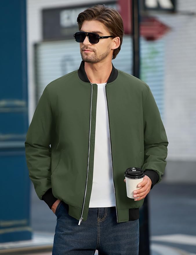 Cotrasen Men's Bomber Jacket Full Zip Windbreaker Warm Winter Windproof Casual Outwear Padded Lined Coats